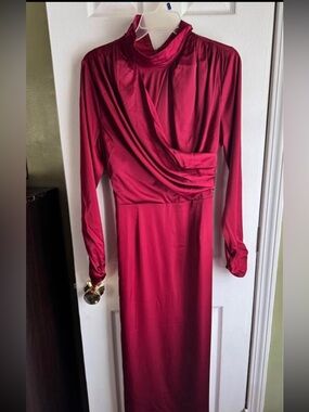 Long Sleeve Burgundy Satin Draped Maxi Dress